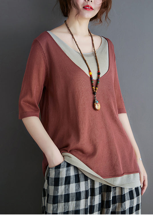 Brick Women Red Patchwork Tanks Knit Summer