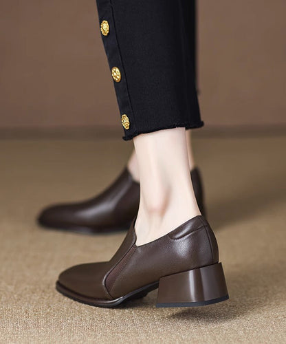 Women Brown Cowhide Leather Chunky Heel Penny Loafers AP1007