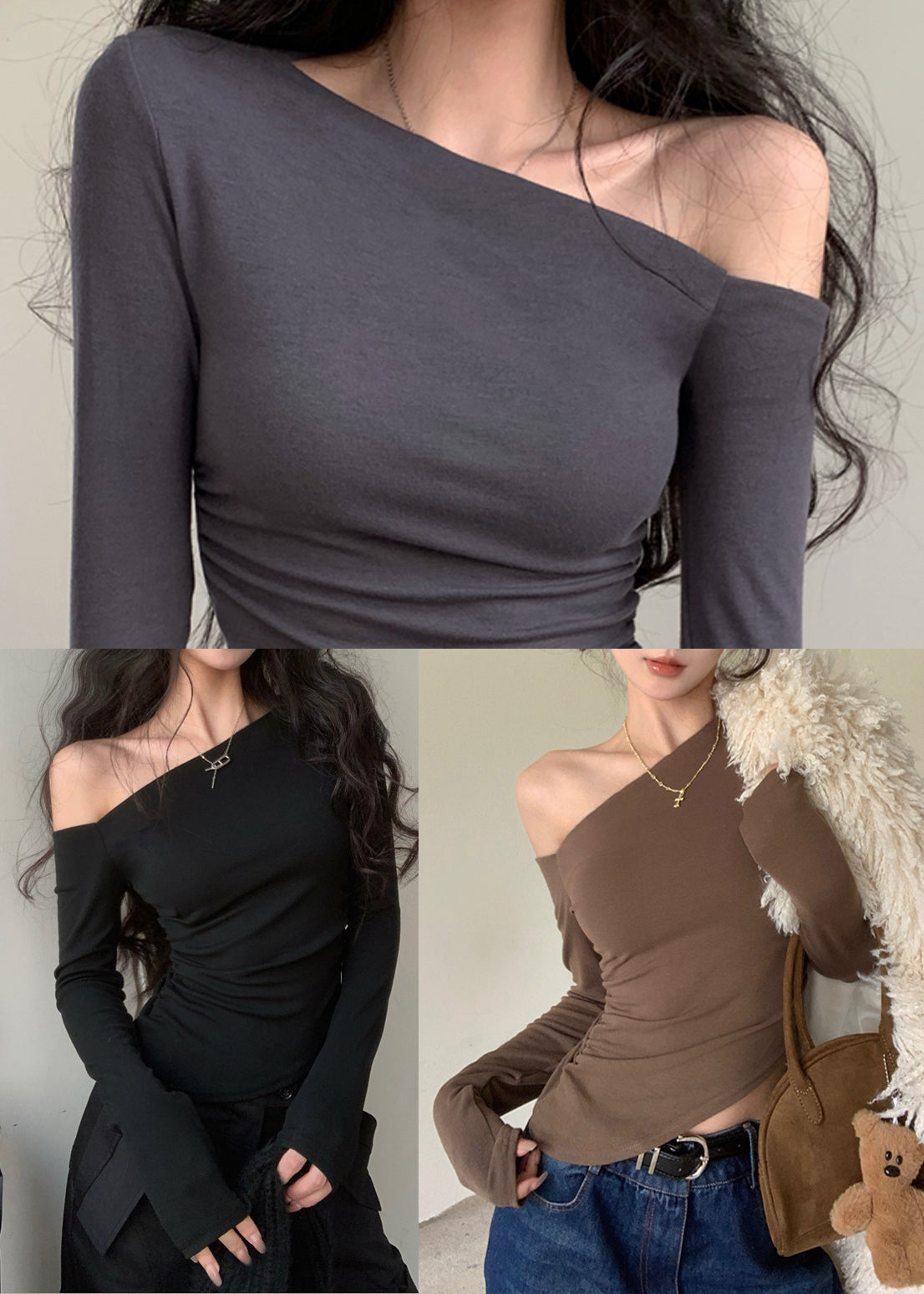 Shoulder One Women Brown Tops Fall Blouse Cotton