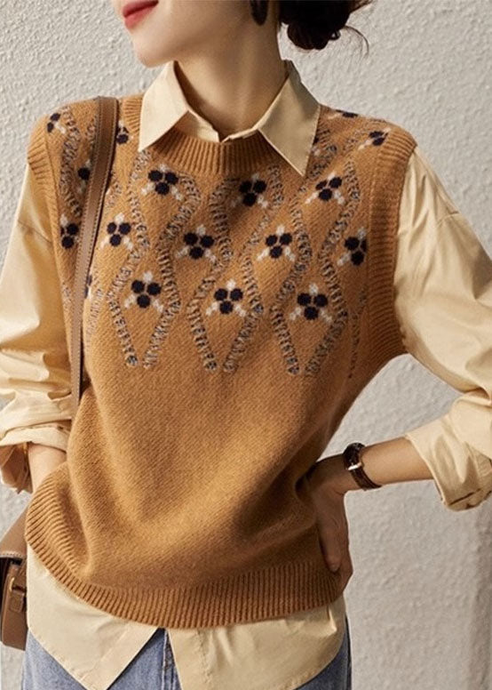 Damen Camel O Neck Jacquard Wollweste Ärmellos TZ032