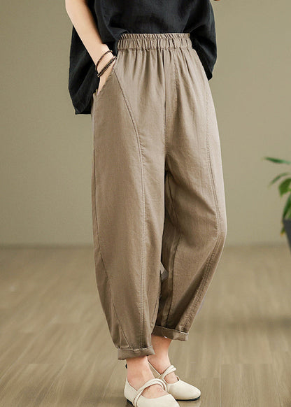 Women Camel Pockets Elastic Waist Cotton Pants Fall QO051