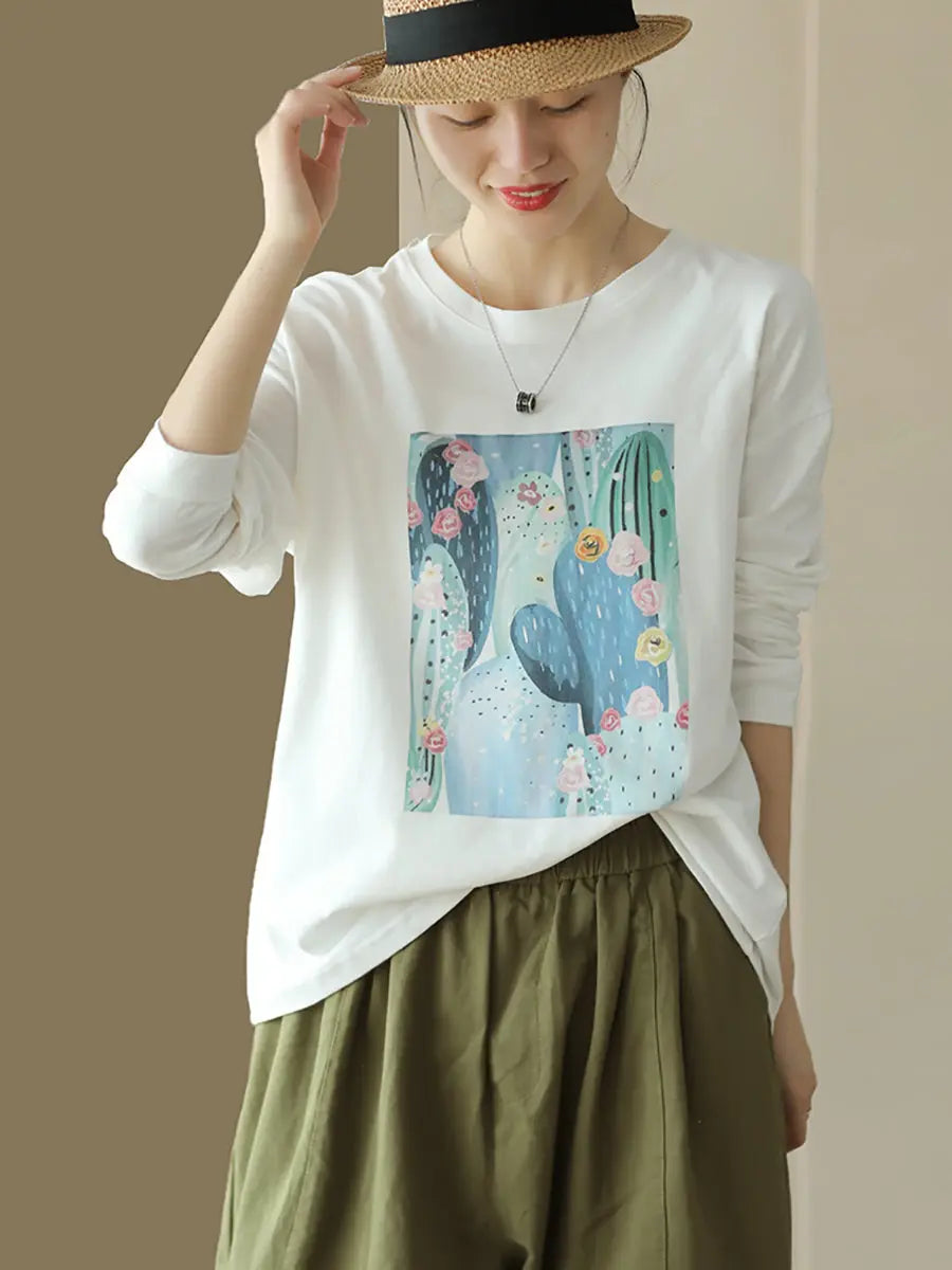 Women Casual Print Spring Long Sleeve Pullover Shirt Ada Fashion
