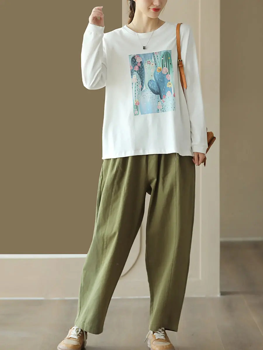 Women Casual Print Spring Long Sleeve Pullover Shirt Ada Fashion