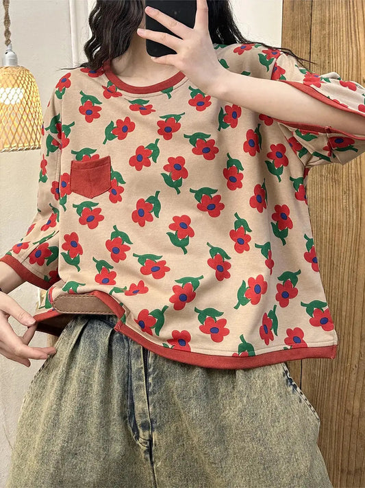 Women Casual Summer Flower Spliced Irregular Hem Shirt Ada Fashion
