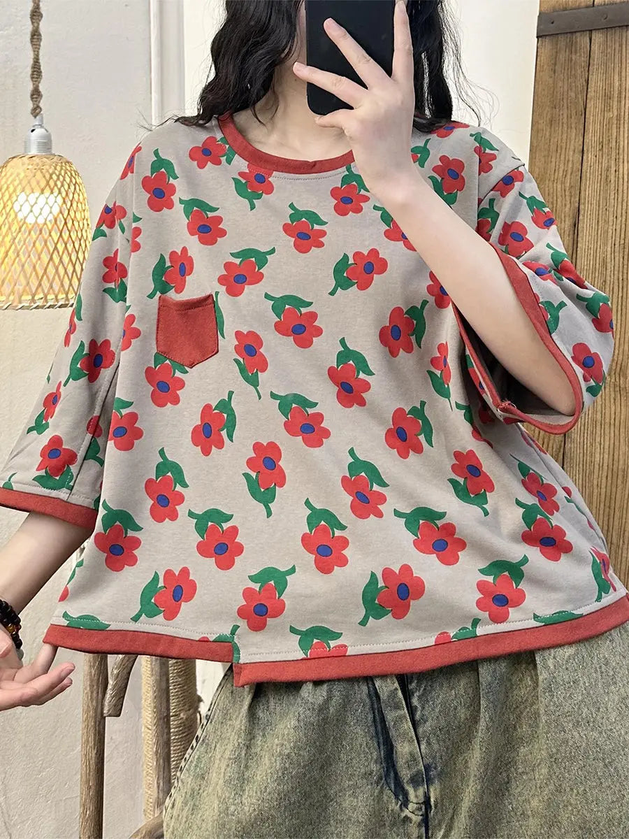 Women Casual Summer Flower Spliced Irregular Hem Shirt Ada Fashion