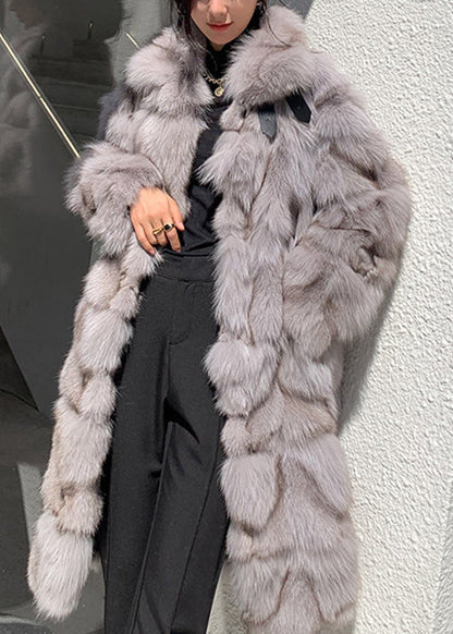 Women Coffee Fox collar Pockets Leather And Fur Long Coats Winter WZ019