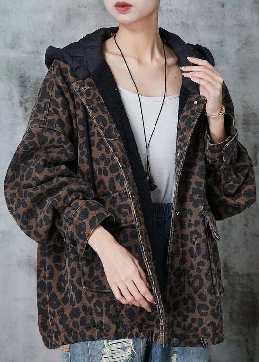 Women Coffee Hooded Leopard Print Warm Fleece Coat Spring Ada Fashion