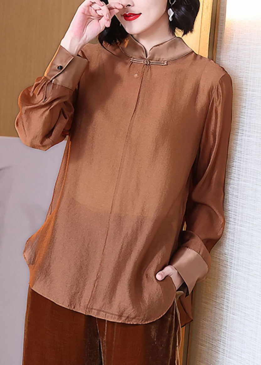 Women Coffee Stand Collar Button Cotton Shirt Spring Ada Fashion