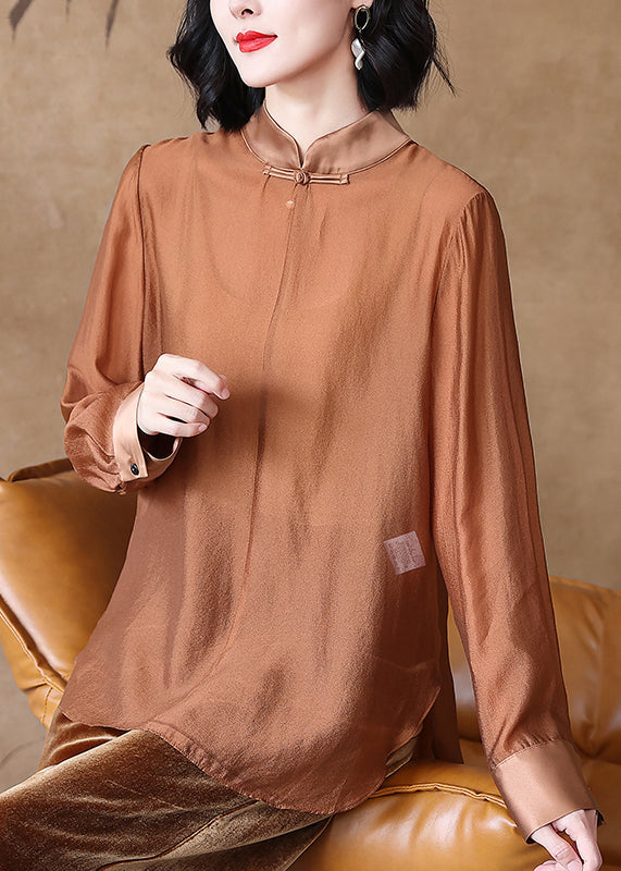 Women Coffee Stand Collar Button Cotton Shirt Spring Ada Fashion