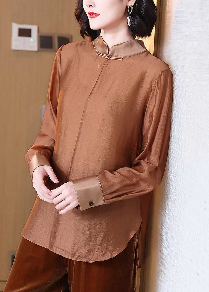 Women Coffee Stand Collar Button Cotton Shirt Spring Ada Fashion