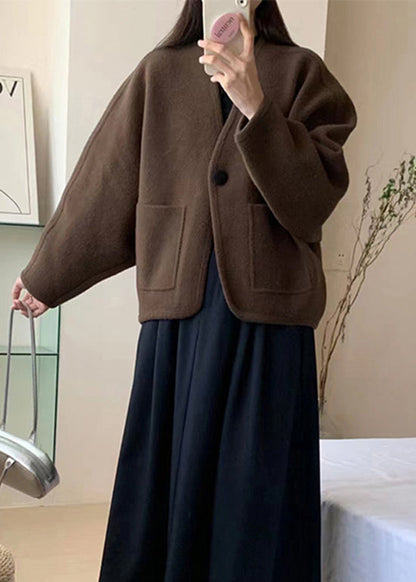 Women Coffee V Neck Pockets Woolen Short Coat Winter RS026