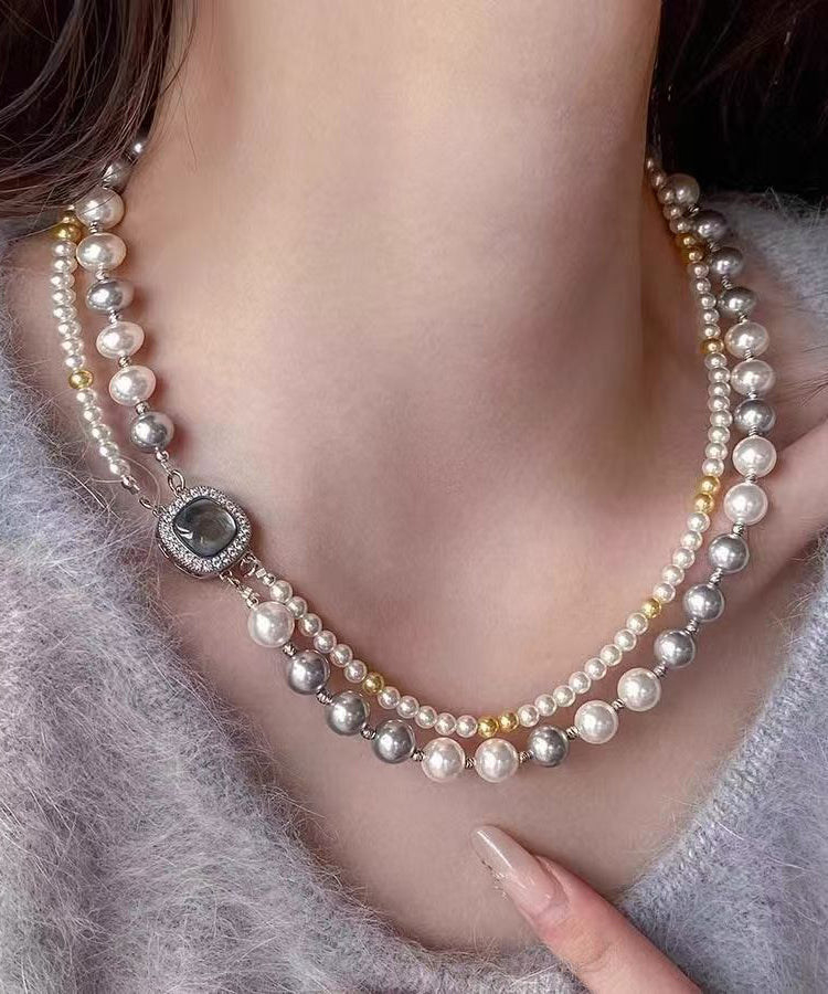 Women Colorblock Sterling Silver Zircon Double Layer Pearl Square Gratuated Bead Necklace WQ025