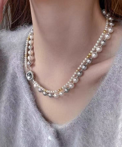 Women Colorblock Sterling Silver Zircon Double Layer Pearl Square Gratuated Bead Necklace WQ025