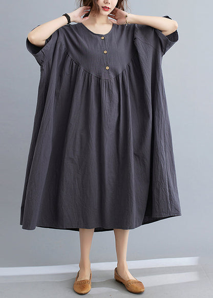 Women Dark Grey Patchwork Button Long Dresses Short Sleeve GH1018