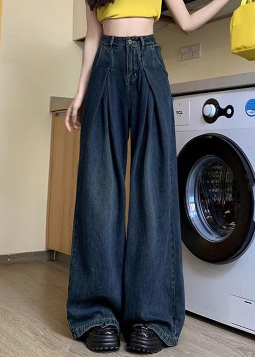 Women Denim Blue Button Pockets Denim Wide Leg Pants Summer PP036