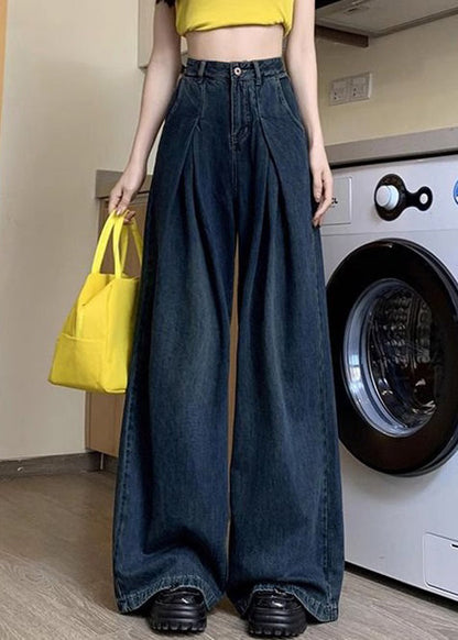 Women Denim Blue Button Pockets Denim Wide Leg Pants Summer PP036