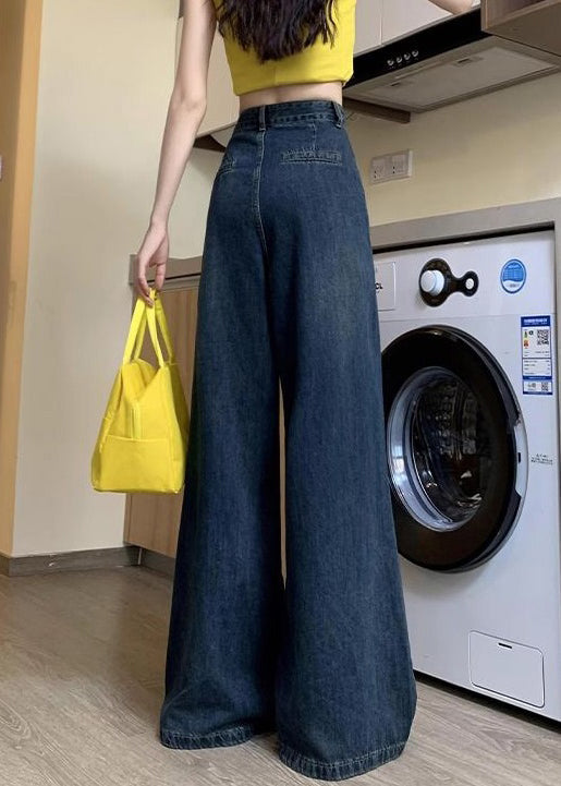 Women Denim Blue Button Pockets Denim Wide Leg Pants Summer PP036