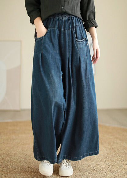 Women Denim Blue Pockets Elastic Waist Flare Pants Fall QE078