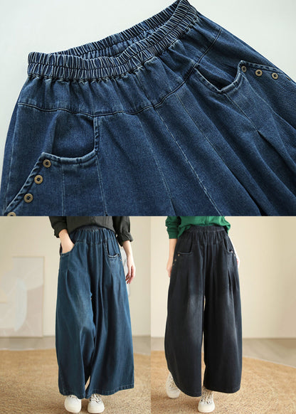 Women Denim Blue Pockets Elastic Waist Flare Pants Fall QE078