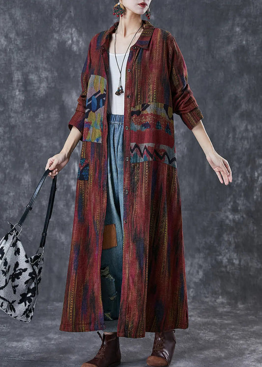 Women Dull Red Oversized Print Linen Trench Spring Ada Fashion