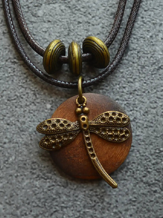 Women Ethnic Alloy Dragonfly Wooden Pandent Necklace Ada Fashion