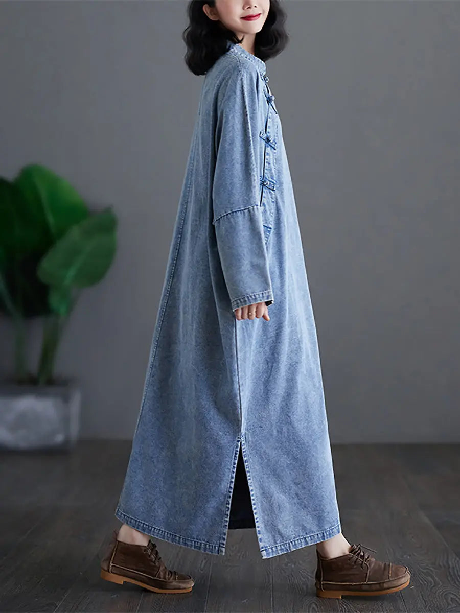 Women Ethnic Vintage Spring Buckle Denim Loose Dress Ada Fashion