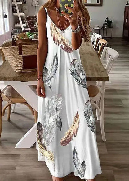 Women Feather Print V Neck Cotton Long Dresses Sleeveless WW1043