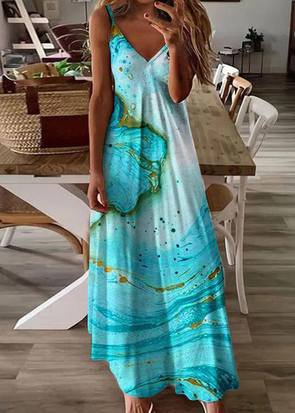 Women Feather Print V Neck Cotton Long Dresses Sleeveless WW1043