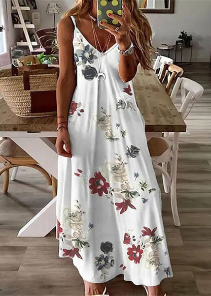 Women Feather Print V Neck Cotton Long Dresses Sleeveless WW1043