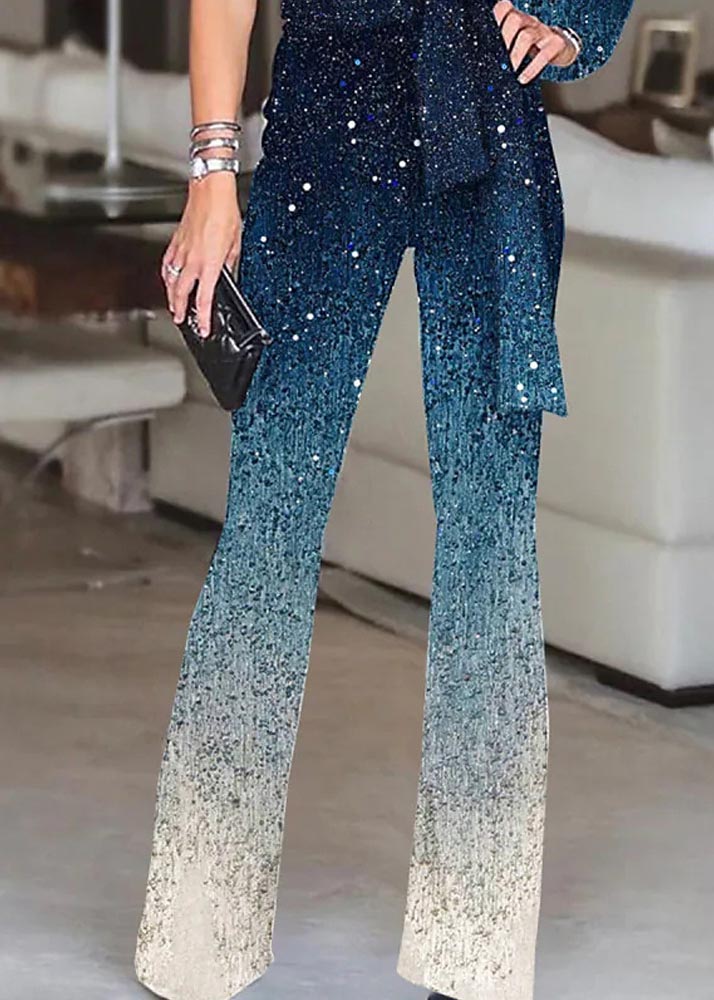 Women Blue One Two Asymmetrical Design Sequins Gradient Shoulder
