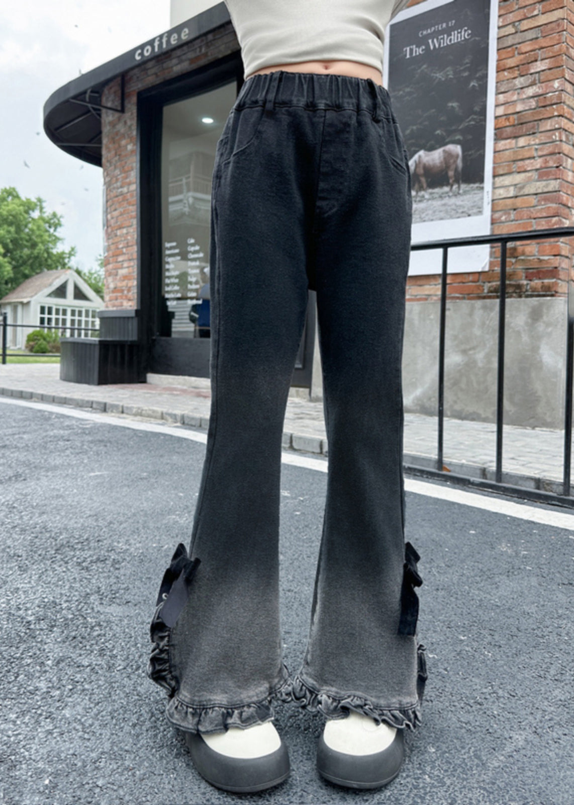 Women Gradient Color Ruffled Side Open Bell-bottom Trousers Spring YK031