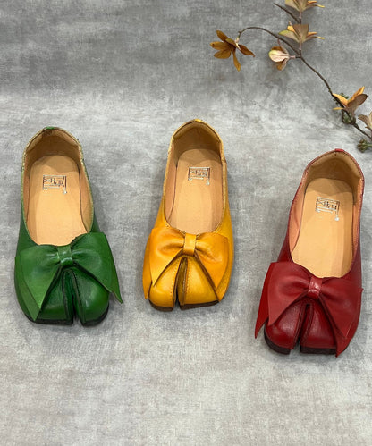 Women Green Bow Split Toe Cowhide Leather Flat Shoes For RT1043