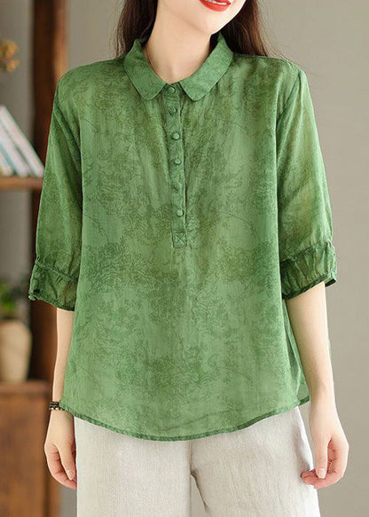 Women Green Button Print Linen Shirt Summer GG052