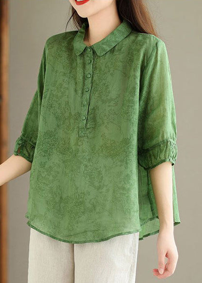 Women Green Button Print Linen Shirt Summer GG052