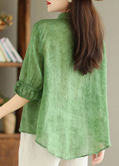 Women Green Button Print Linen Shirt Summer GG052