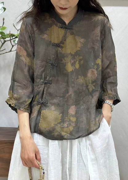 Women Green Chinese Button Print Linen Shirt Bracelet Sleeve JH005