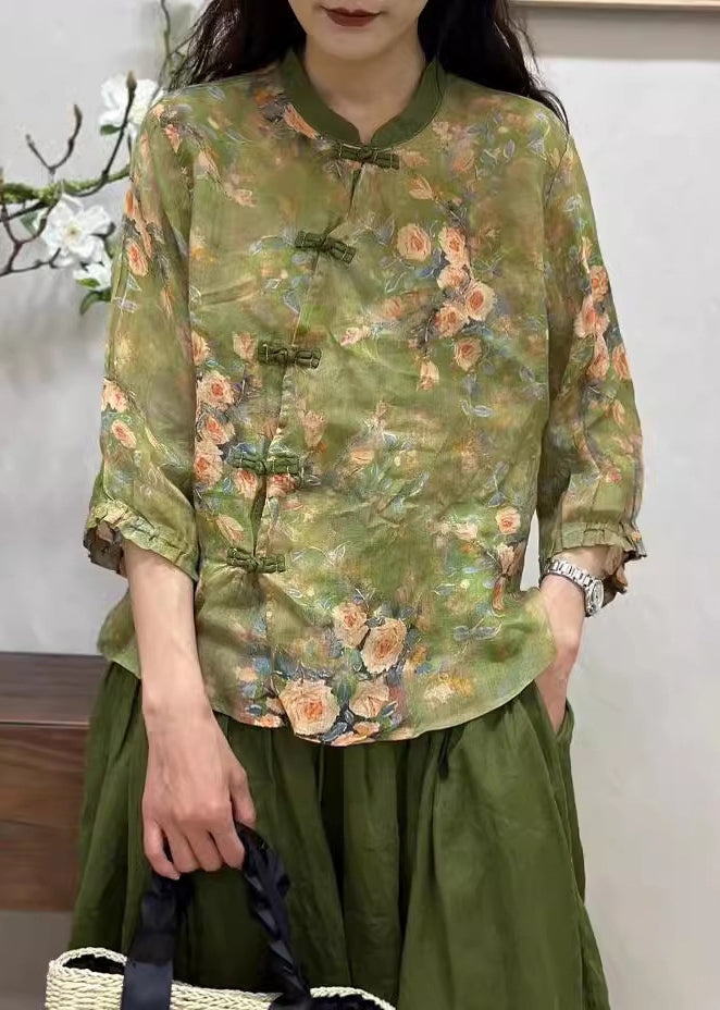 Chemise en lin vert à imprimé chinois pour femme avec manches à bracelet JH005