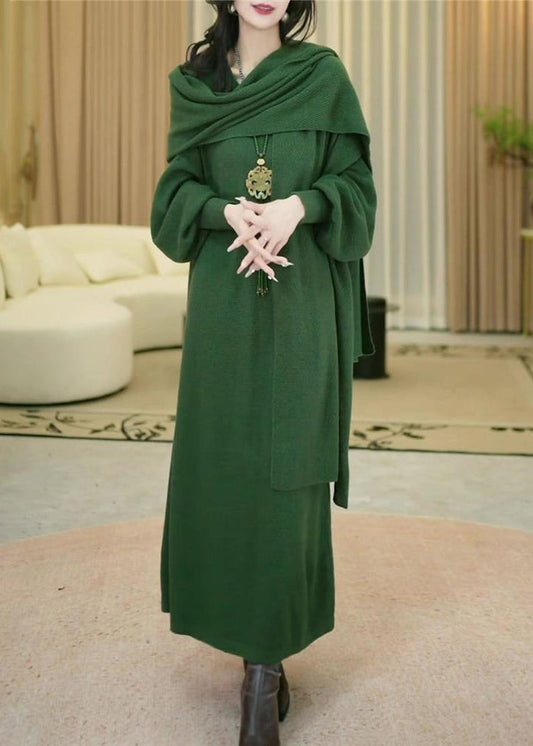 Women Green Cozy Solid Long Knit Dress Winter WM031