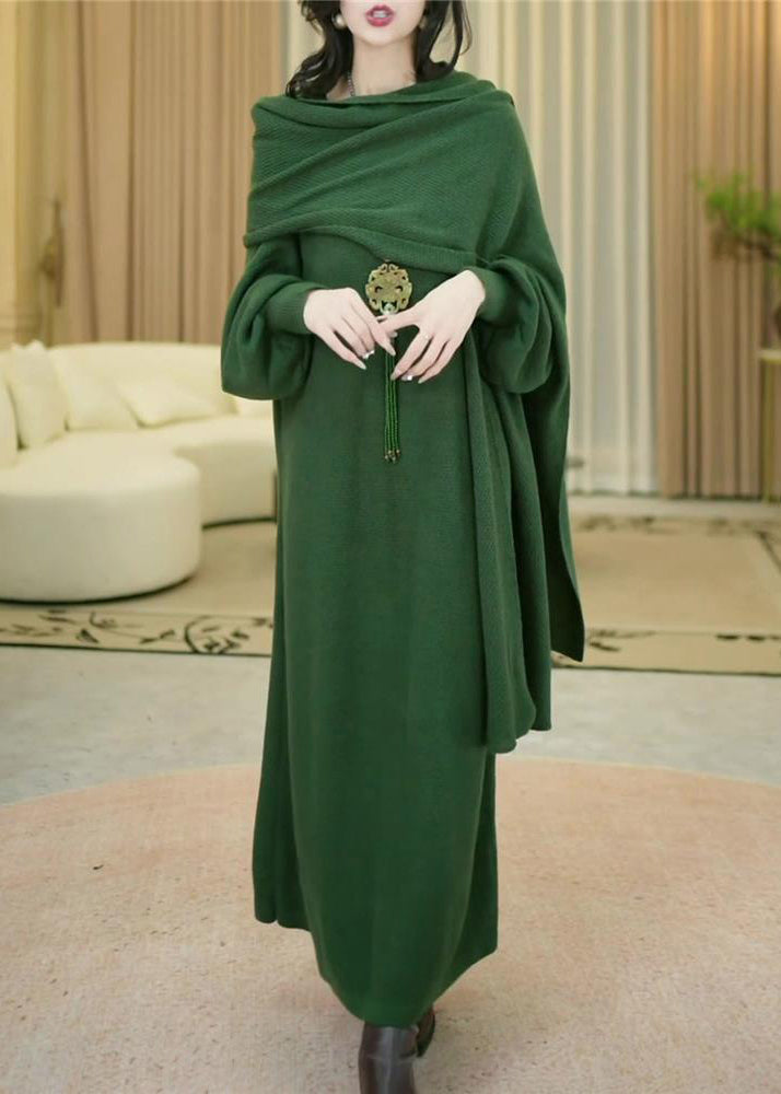 Women Green Cozy Solid Long Knit Dress Winter WM031