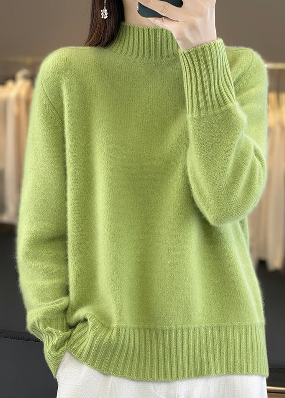 Women Green Half Hign Neck Thick Woolen Knit Sweaters Winter RS039