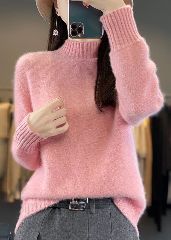 Women Green Half Hign Neck Thick Woolen Knit Sweaters Winter RS039