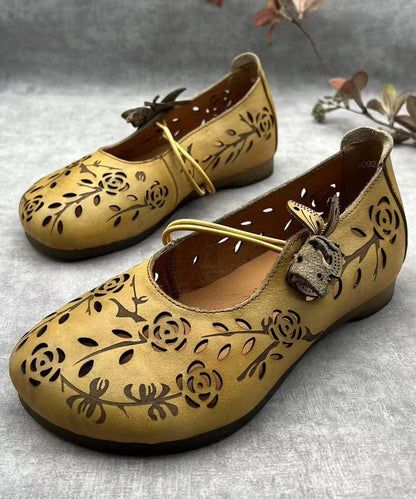 Women Green Hollow Out Genuine Leather Flat Feet Shoes RT1036