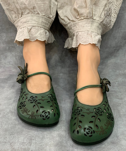 Women Green Hollow Out Genuine Leather Flat Feet Shoes RT1036