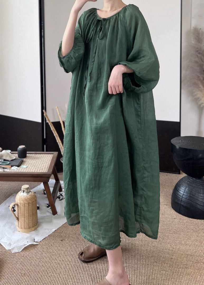 Robe longue en lin uni à lacets pour femme - Vert - Automne - MN053