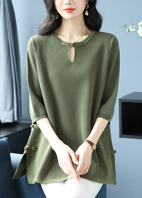 Women Green O Neck Oriental Button Ice Silk Knit Top Spring RL038