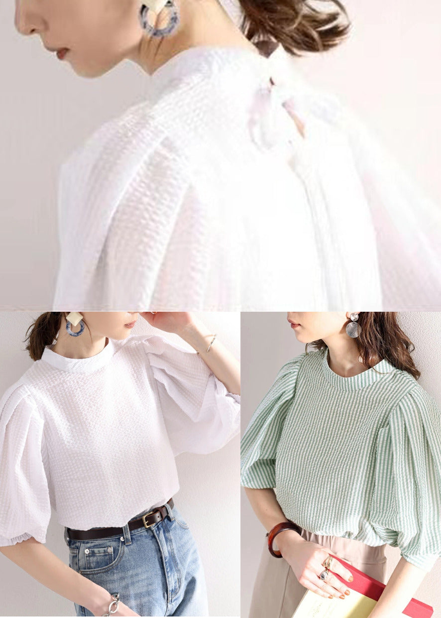 Cotton Sleeve Women Blouses Puff Striped Green