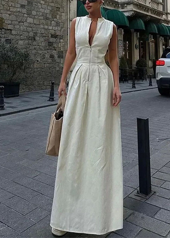Robe longue plissée à col rond vert sans manches pour femme
