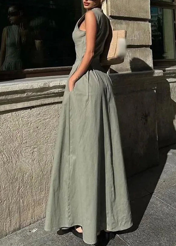 Robe longue plissée à col rond vert sans manches pour femme