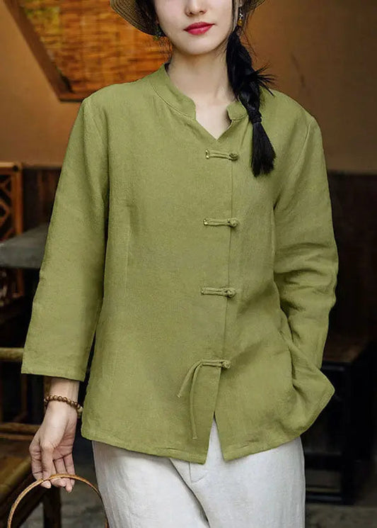 Women Green Stand Collar Button Linen Coats Long Sleeve Ada Fashion