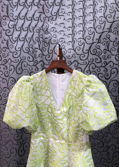 Women Green V Neck Embroidered Cotton Mid Dress Summer ZL079